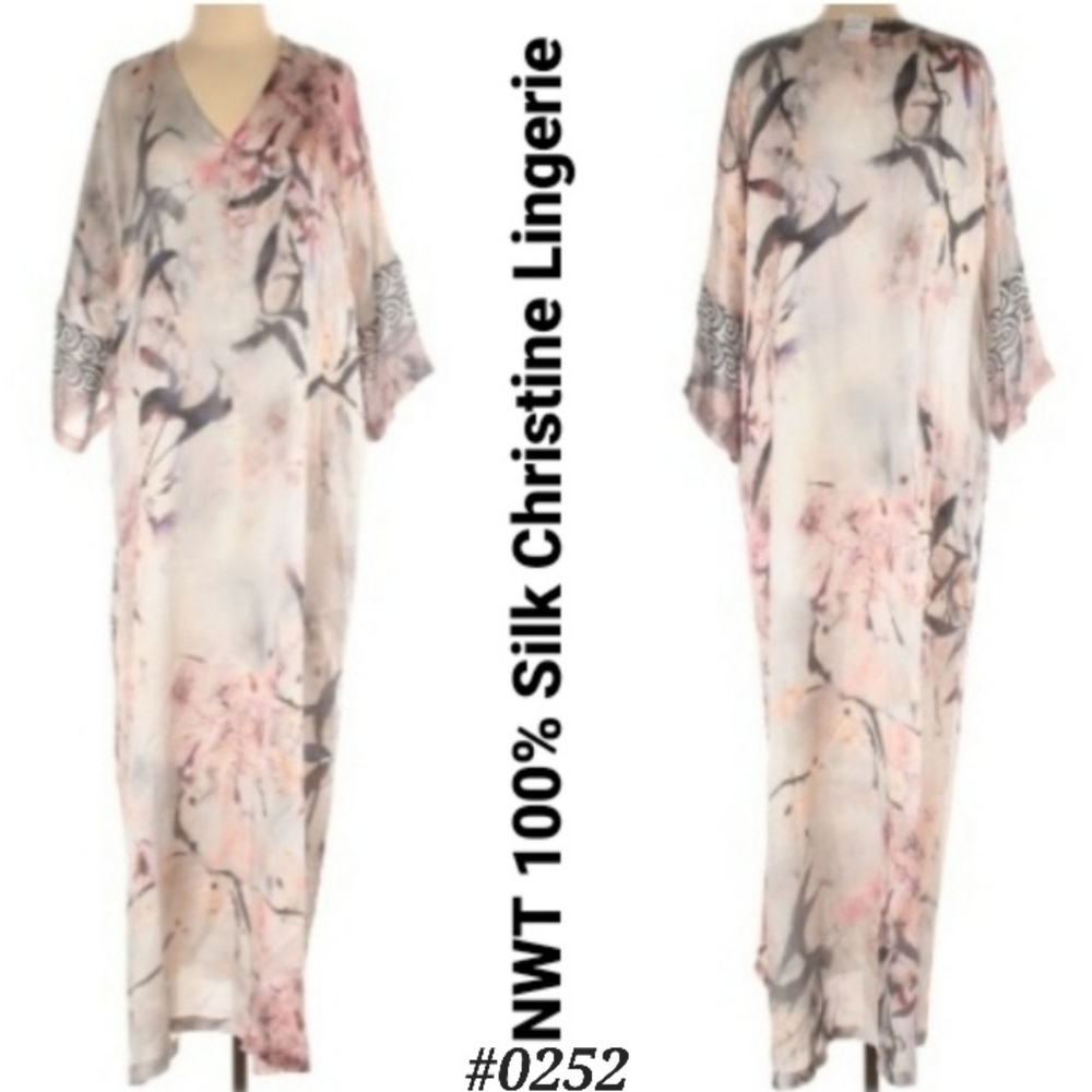 💥FINAL💥Christine Lingerie NEW! 100% Silk Nightingale print Caftan SIZE SP🤍